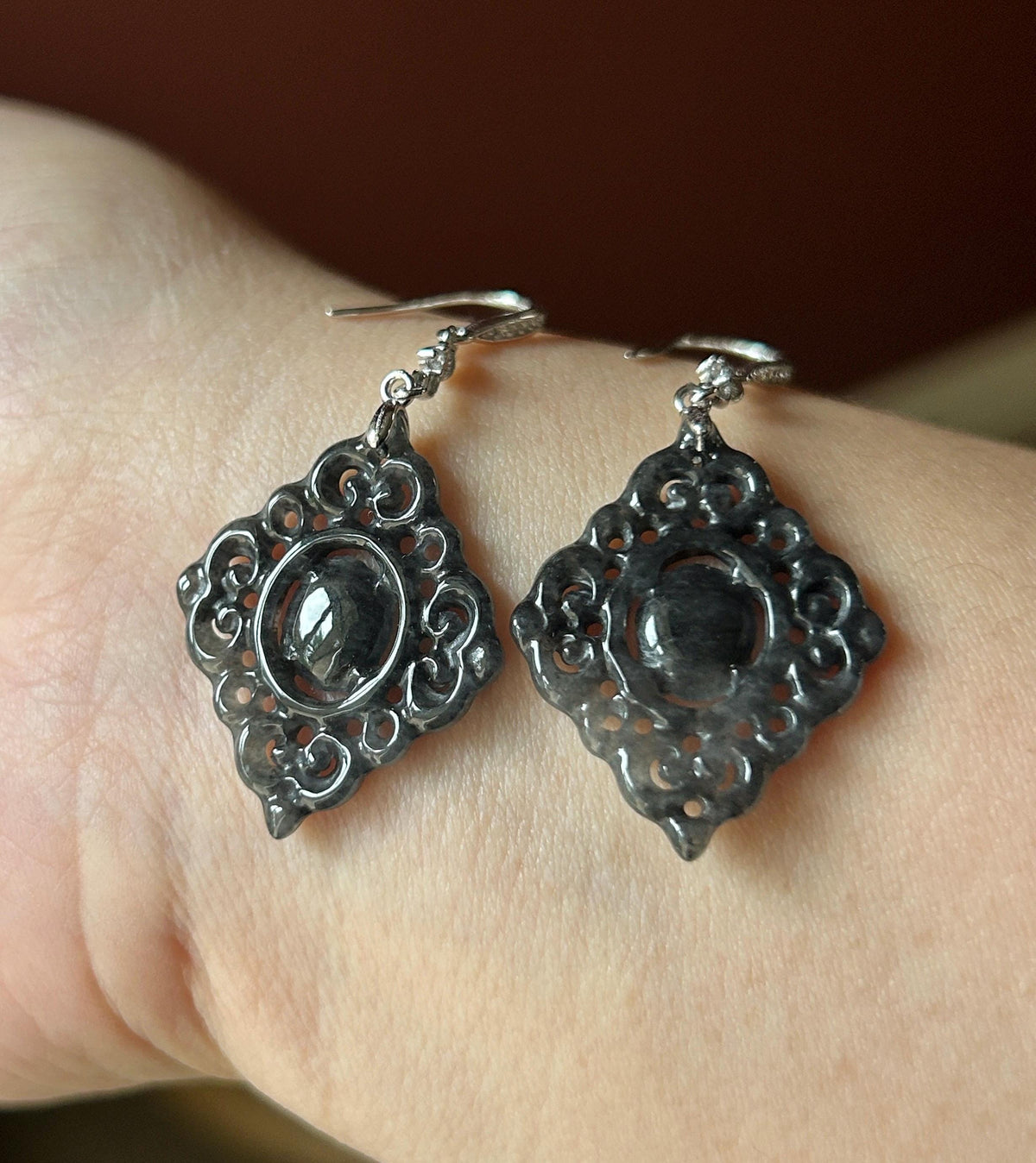 Certified Natural Jadeite Earrings, Burmese Type A Icy Wuji Black Jade, Double-Sided Carved, Sterling Silver