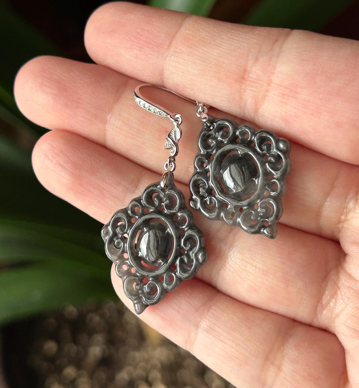 Certified Natural Jadeite Earrings, Burmese Type A Icy Wuji Black Jade, Double-Sided Carved, Sterling Silver