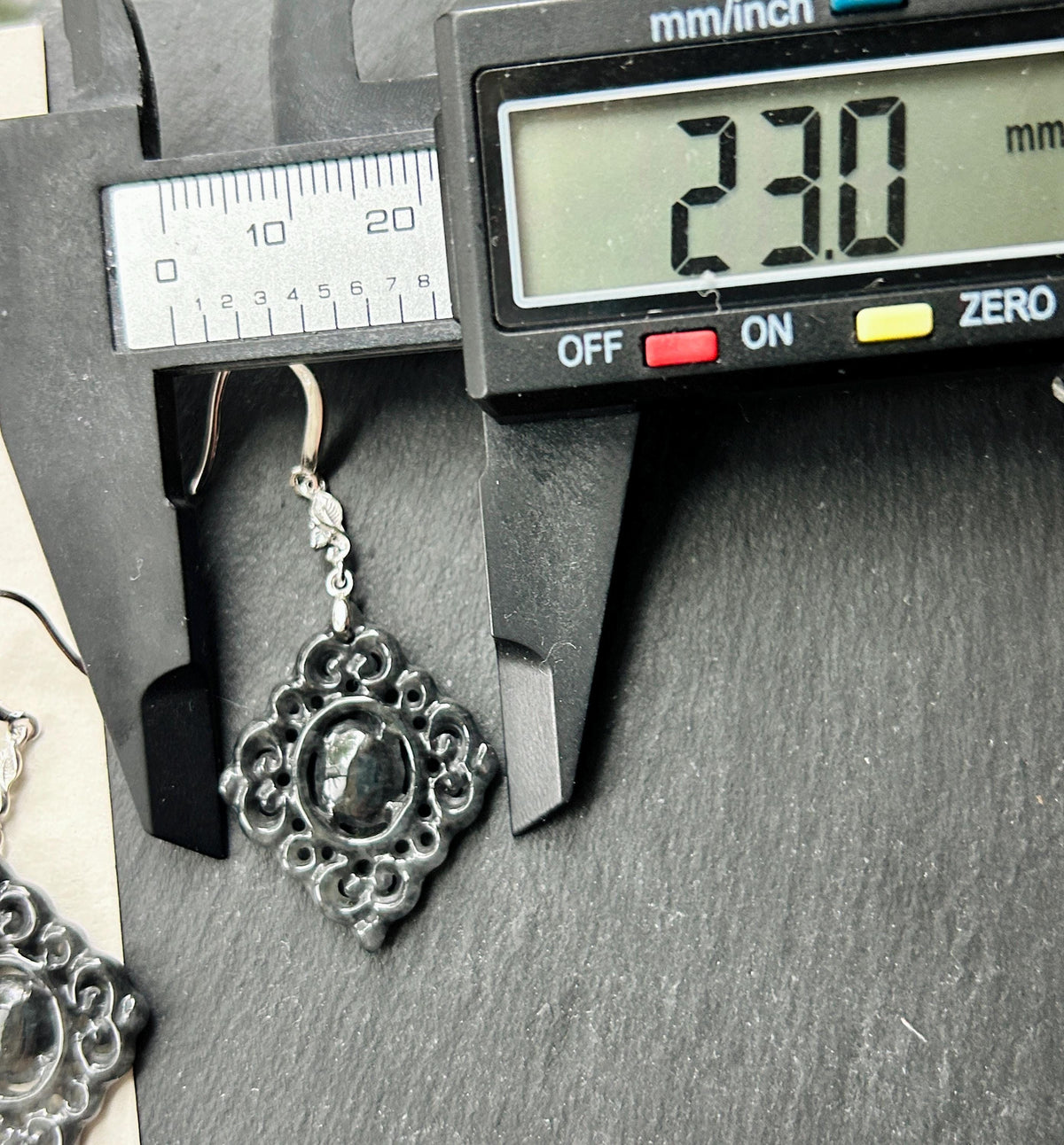 Certified Natural Jadeite Earrings, Burmese Type A Icy Wuji Black Jade, Double-Sided Carved, Sterling Silver