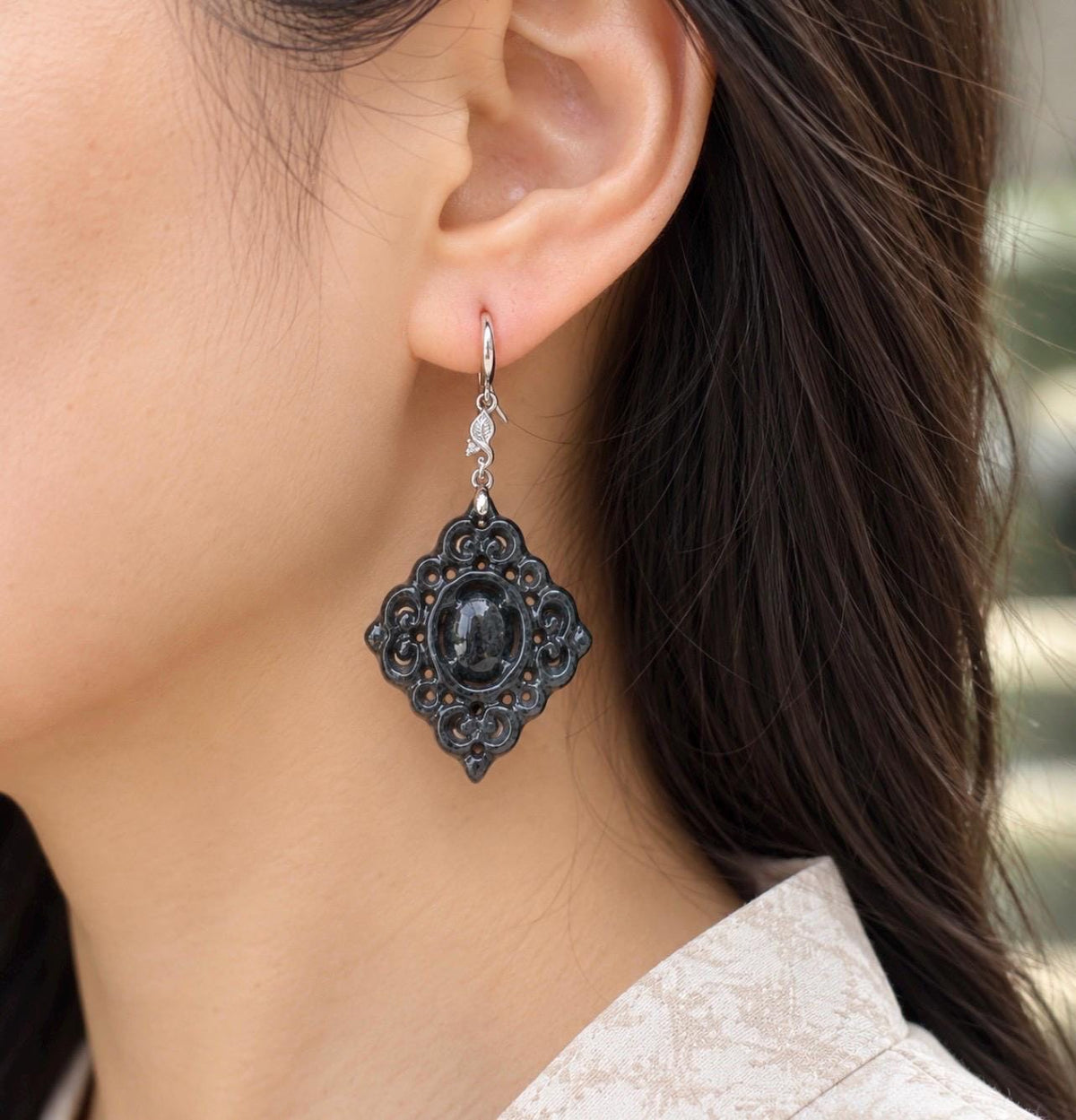 Certified Natural Jadeite Earrings, Burmese Type A Icy Wuji Black Jade, Double-Sided Carved, Sterling Silver