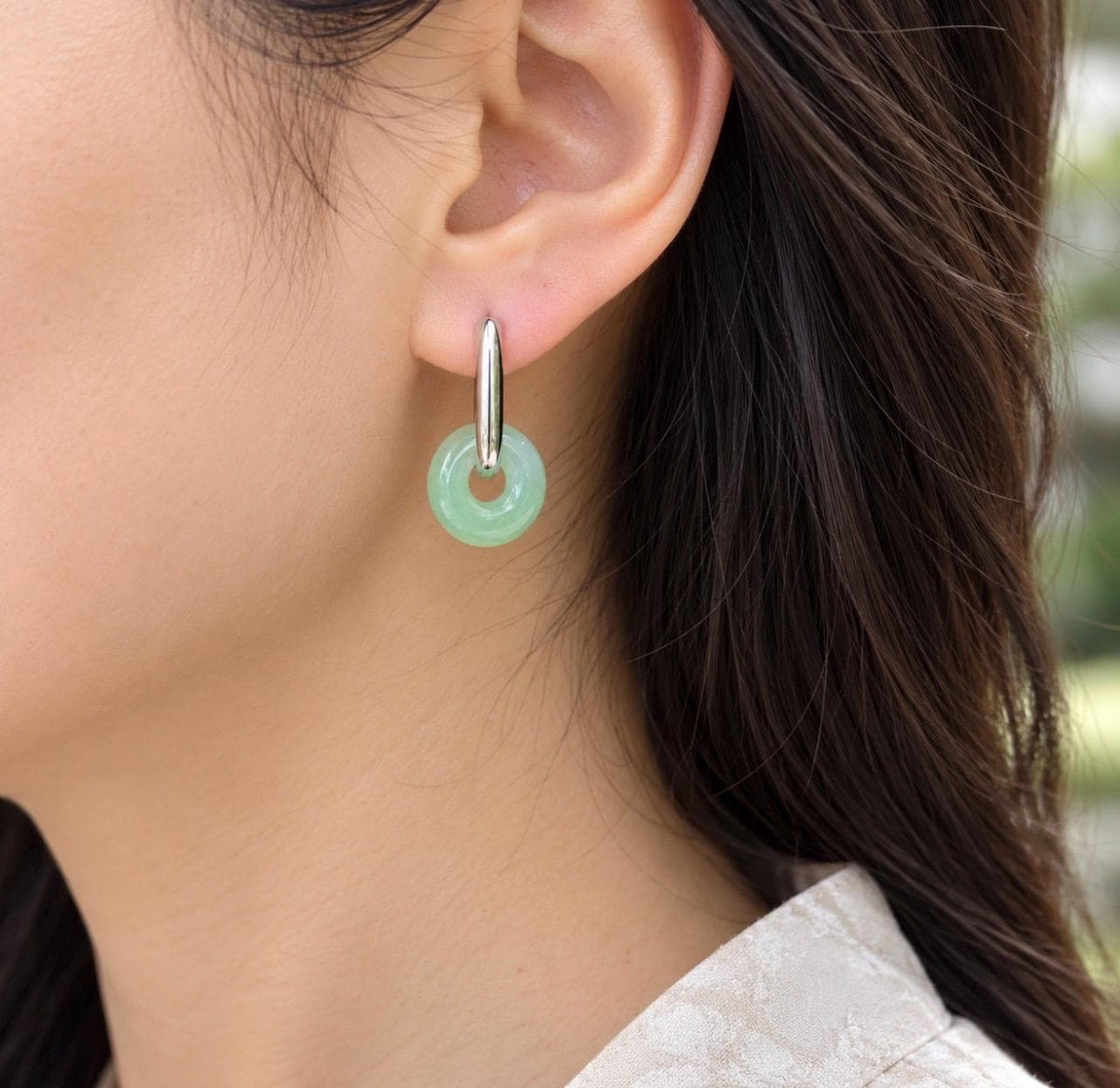 Certified Natural Jadeite Lucky Donut Minimalist Earrings: Burmese Type A Fine Glutinous Icy Apple Green Jade, Sterling Silver