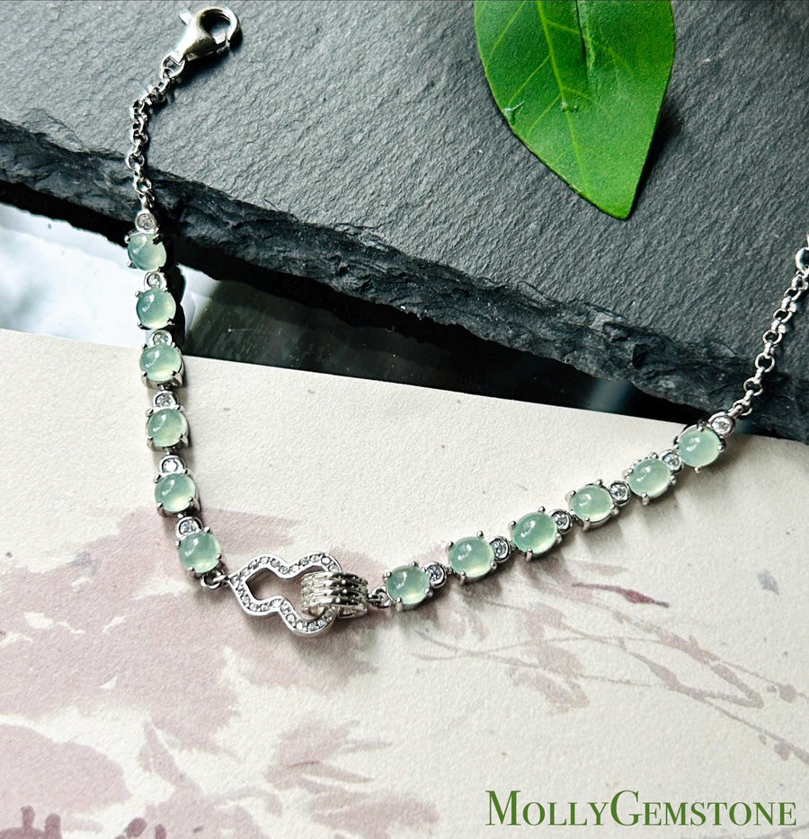 Natural Jadeite Cabochon Hulu Bracelet, Burmese Type A Translucent Icy Pale Mint Green Jade in 925 Sterling Silver, Adjustable Length