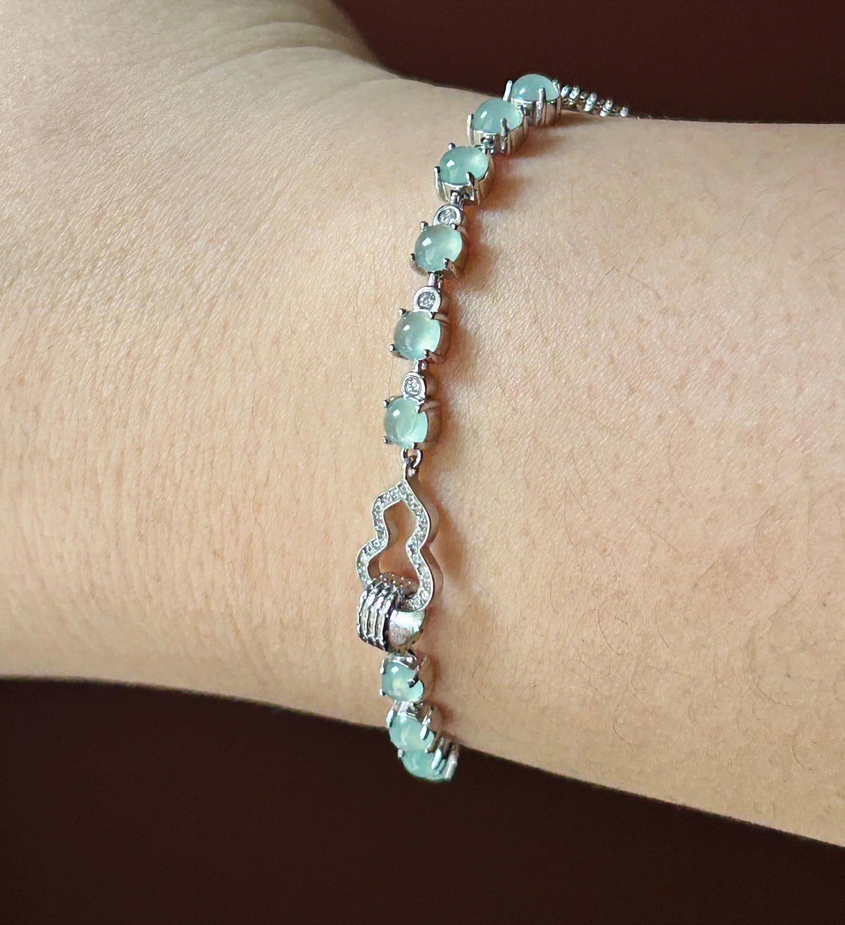 Natural Jadeite Cabochon Hulu Bracelet, Burmese Type A Translucent Icy Pale Mint Green Jade in 925 Sterling Silver, Adjustable Length