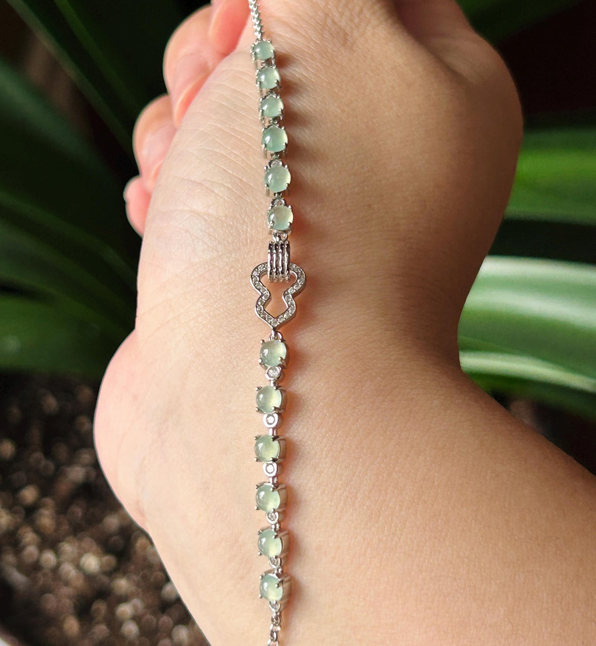 Natural Jadeite Cabochon Hulu Bracelet, Burmese Type A Translucent Icy Pale Mint Green Jade in 925 Sterling Silver, Adjustable Length