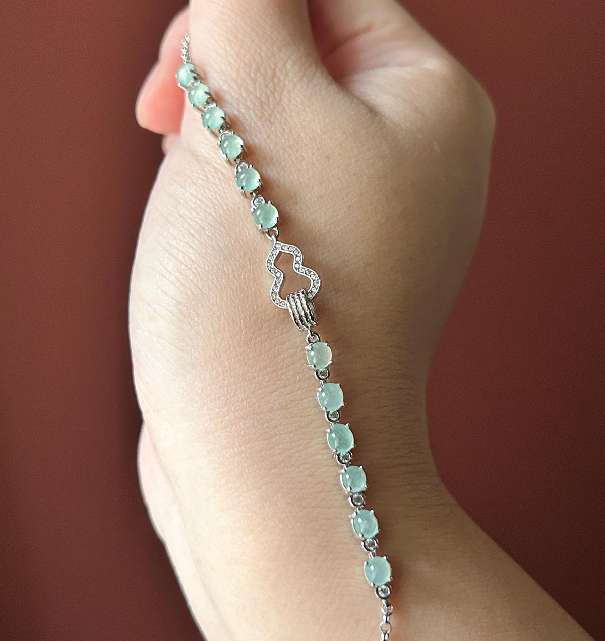 Natural Jadeite Cabochon Hulu Bracelet, Burmese Type A Translucent Icy Pale Mint Green Jade in 925 Sterling Silver, Adjustable Length