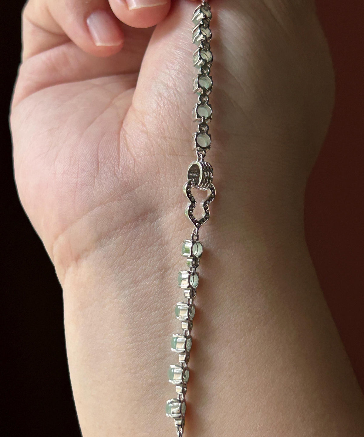 Natural Jadeite Cabochon Hulu Bracelet, Burmese Type A Translucent Icy Pale Mint Green Jade in 925 Sterling Silver, Adjustable Length