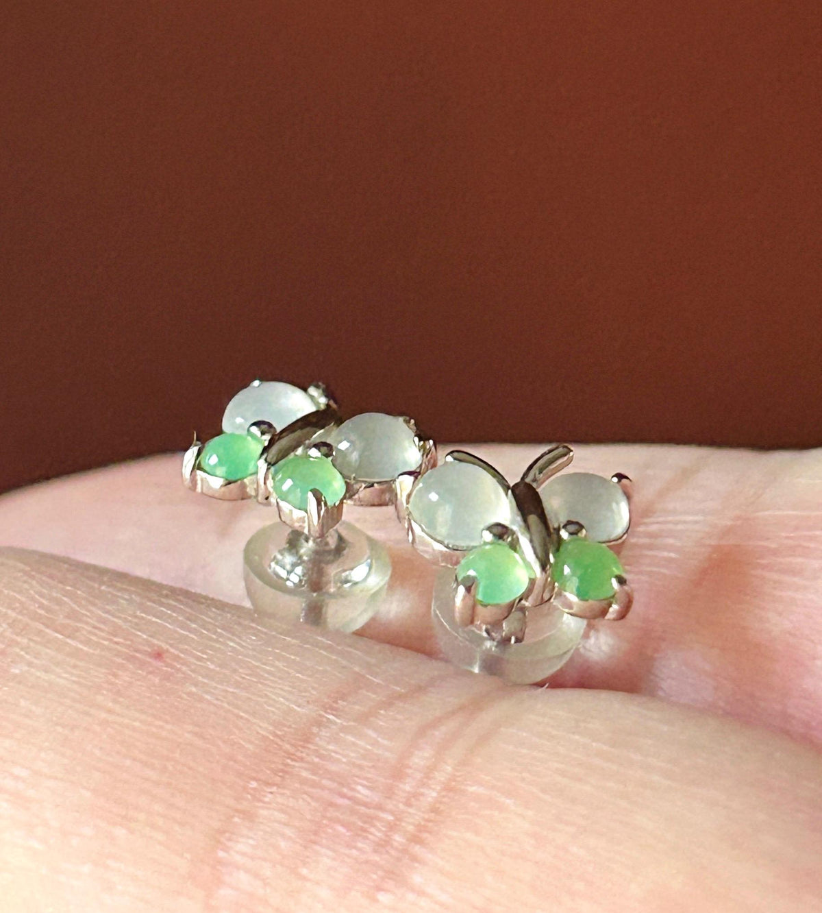 Natural Jadeite Cabochon Butterfly Stud Earrings| Burmese Type A Untreated Highly Translucent Icy White & Apple Green Jade, Sterling Silver