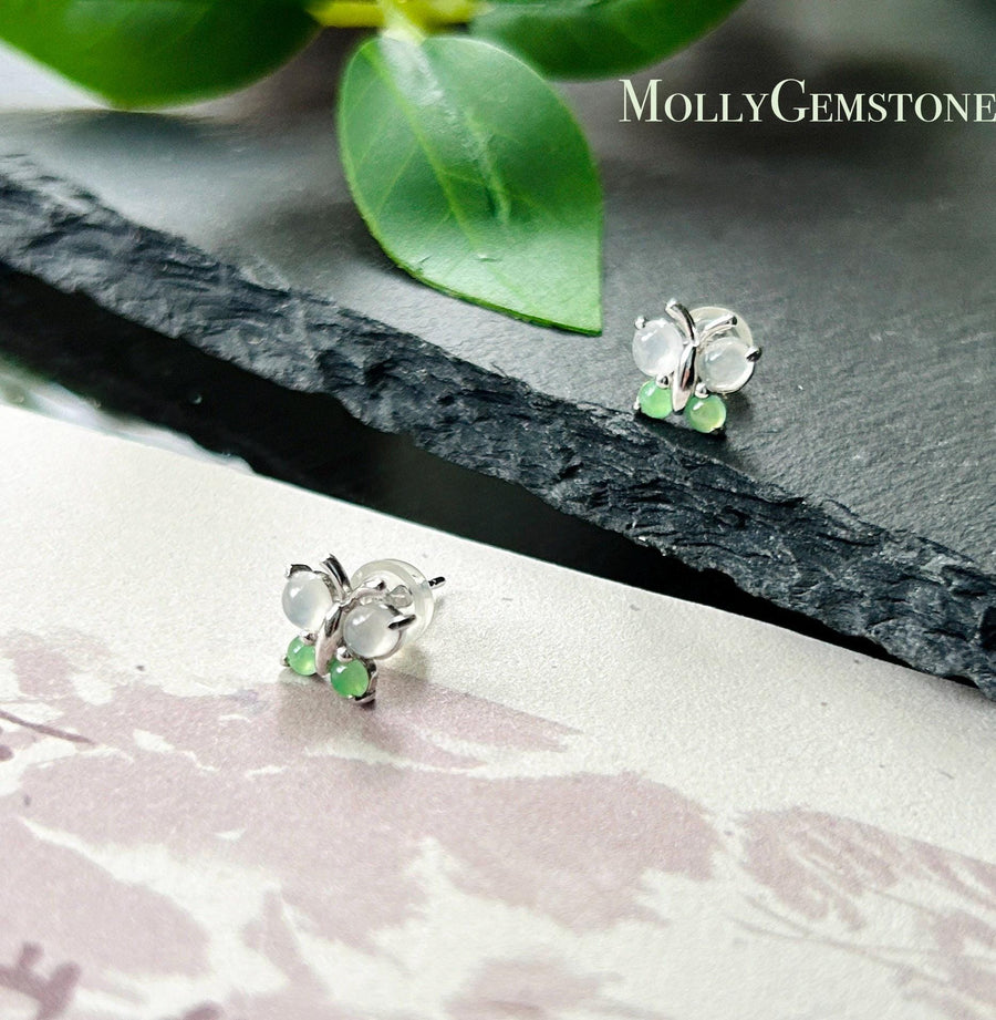 Natural Jadeite Cabochon Butterfly Stud Earrings| Burmese Type A Untreated Highly Translucent Icy White & Apple Green Jade, Sterling Silver