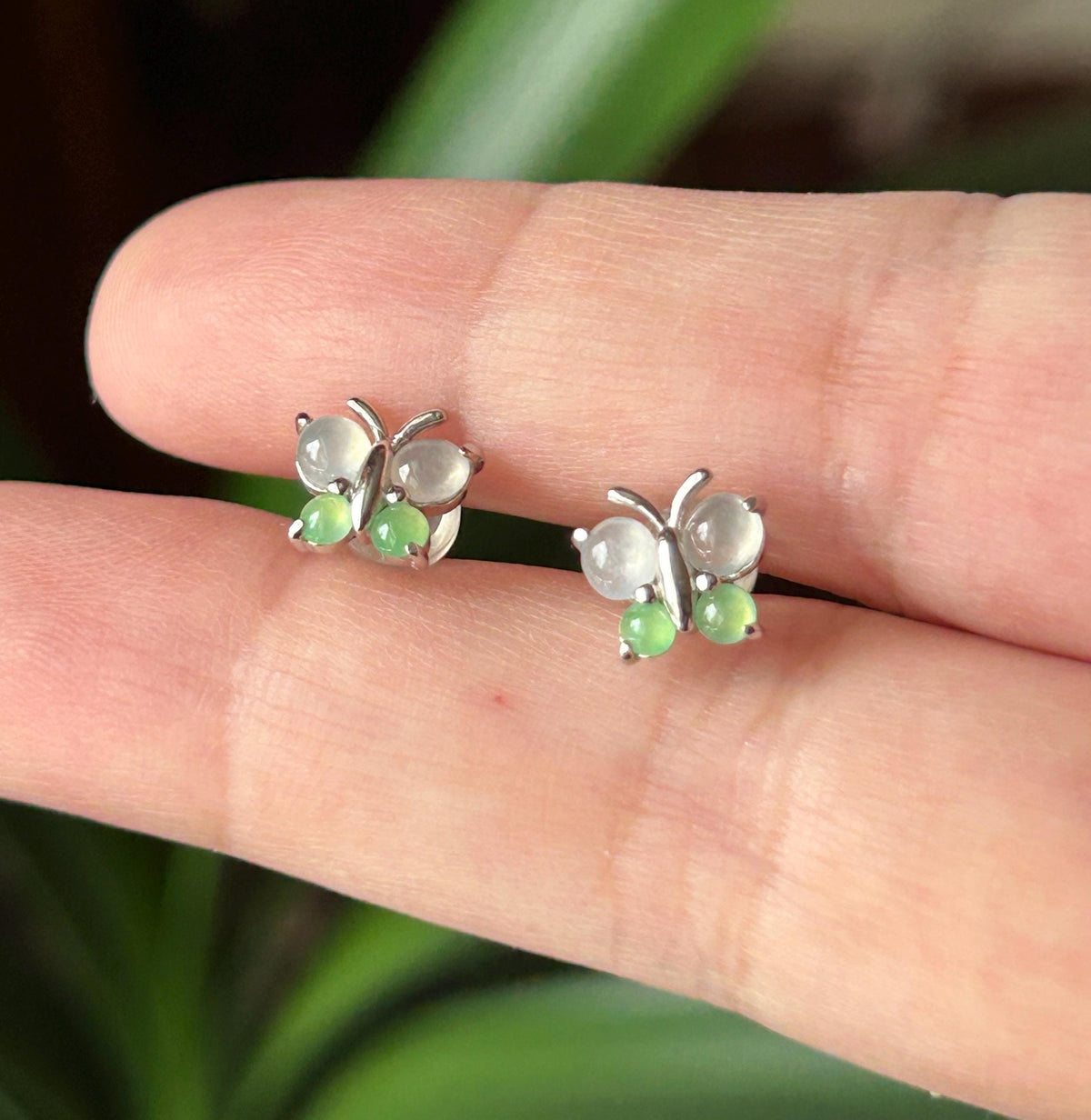 Natural Jadeite Cabochon Butterfly Stud Earrings| Burmese Type A Untreated Highly Translucent Icy White & Apple Green Jade, Sterling Silver