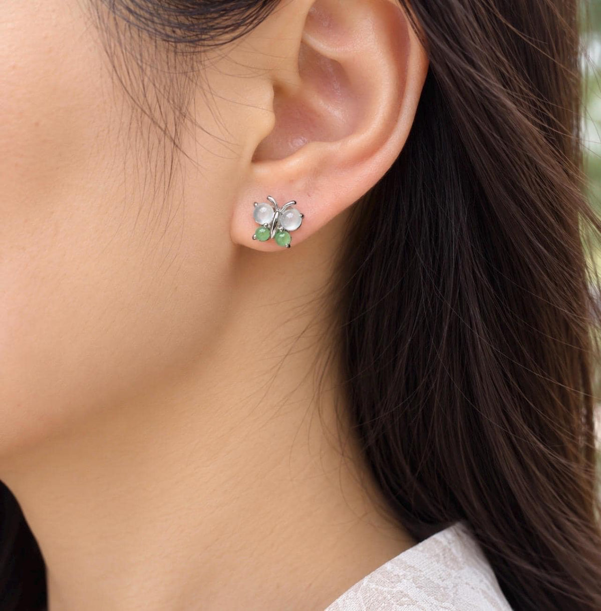 Natural Jadeite Cabochon Butterfly Stud Earrings| Burmese Type A Untreated Highly Translucent Icy White & Apple Green Jade, Sterling Silver