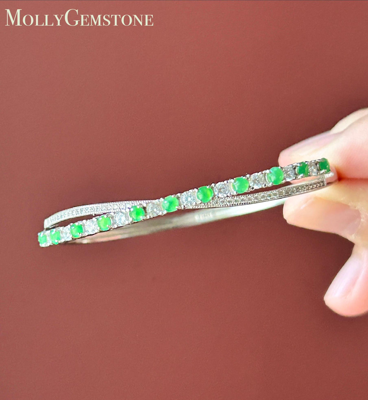 Certified Natural Jadeite & Sterling Silver Cuff Bangle, Burmese Type A Translucent Icy Vivid Green Jade , 15 - 18cm