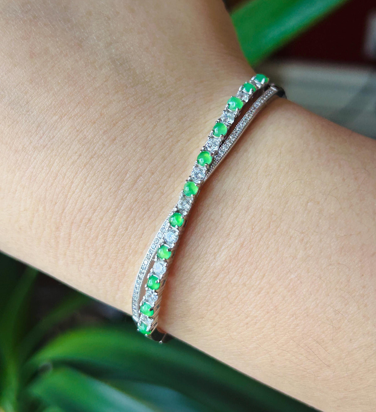 Certified Natural Jadeite & Sterling Silver Cuff Bangle, Burmese Type A Translucent Icy Vivid Green Jade , 15 - 18cm