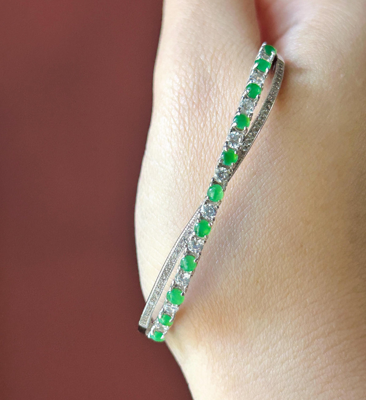 Certified Natural Jadeite & Sterling Silver Cuff Bangle, Burmese Type A Translucent Icy Vivid Green Jade , 15 - 18cm