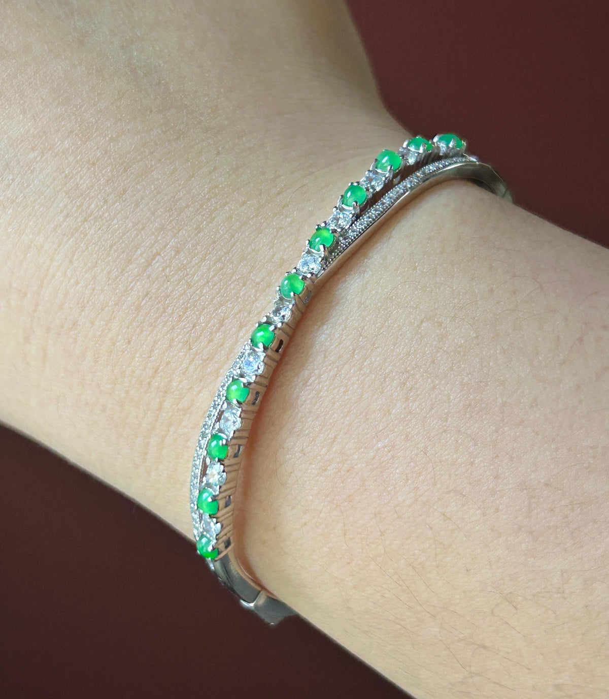 Certified Natural Jadeite & Sterling Silver Cuff Bangle, Burmese Type A Translucent Icy Vivid Green Jade , 15 - 18cm