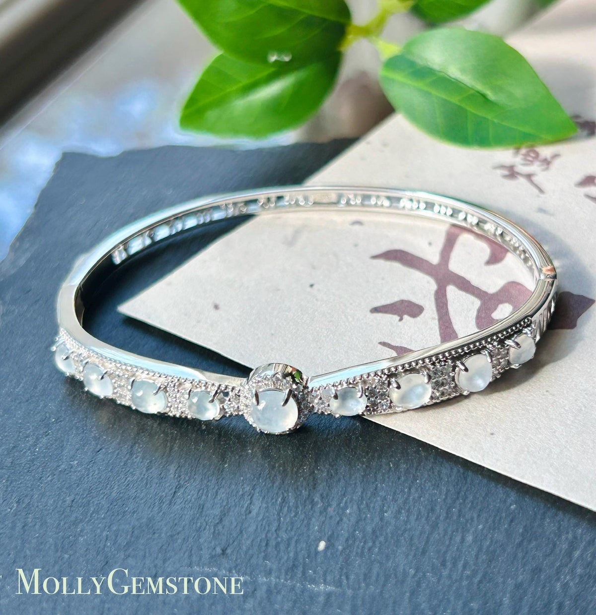 Certified Natural Jadeite & Sterling Silver Cuff Bangle, Burmese Type A Translucent High Icy White Jade , 15 - 18cm