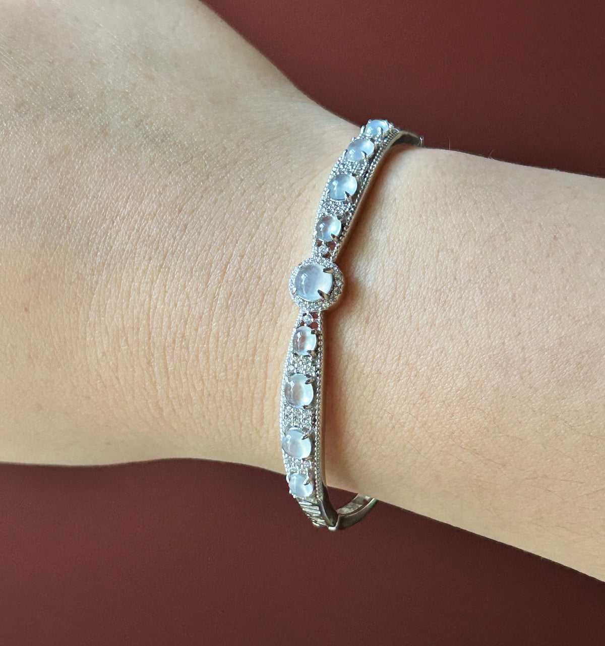 Certified Natural Jadeite & Sterling Silver Cuff Bangle, Burmese Type A Translucent High Icy White Jade , 15 - 18cm