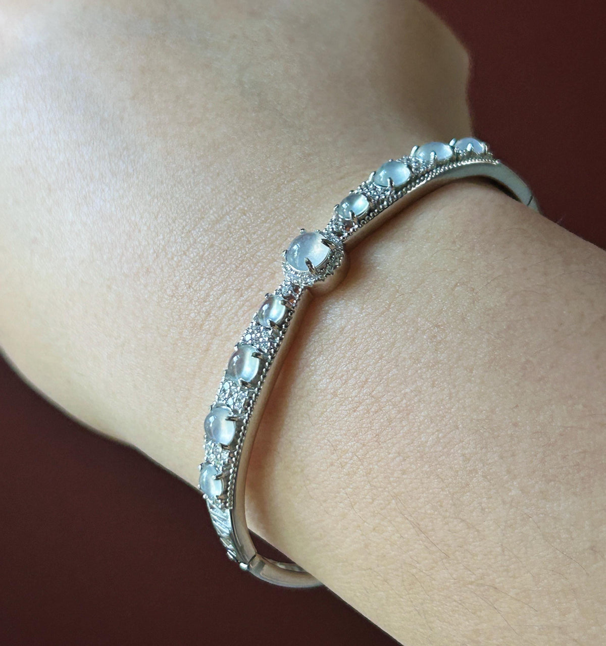 Certified Natural Jadeite & Sterling Silver Cuff Bangle, Burmese Type A Translucent High Icy White Jade , 15 - 18cm