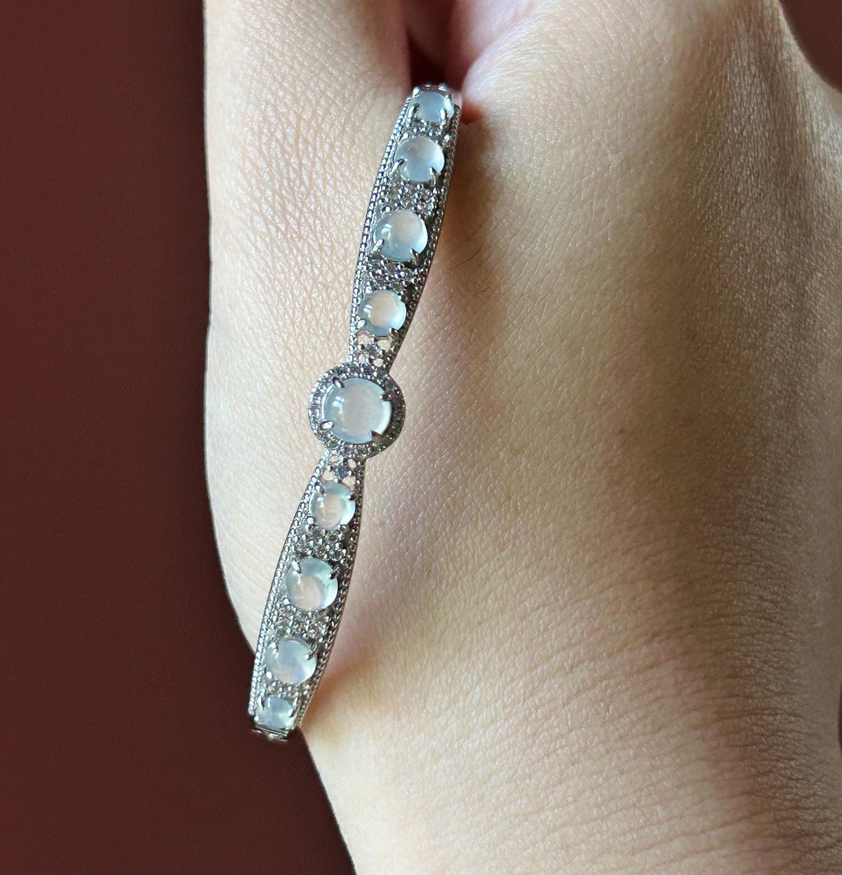 Certified Natural Jadeite & Sterling Silver Cuff Bangle, Burmese Type A Translucent High Icy White Jade , 15 - 18cm