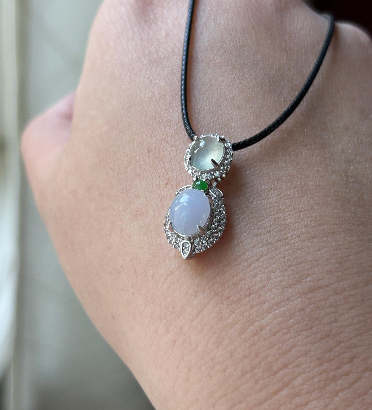 Certified Natural Jadeite Three-Cabochon Pendant, Burmese Type A Highly Translucent Icy White, Green & Lilac Lavender Jade, Sterling Silver