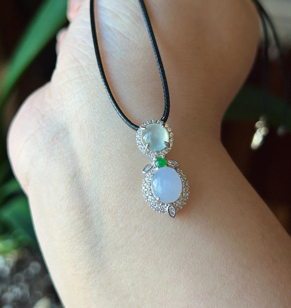 Certified Natural Jadeite Three-Cabochon Pendant, Burmese Type A Highly Translucent Icy White, Green & Lilac Lavender Jade, Sterling Silver