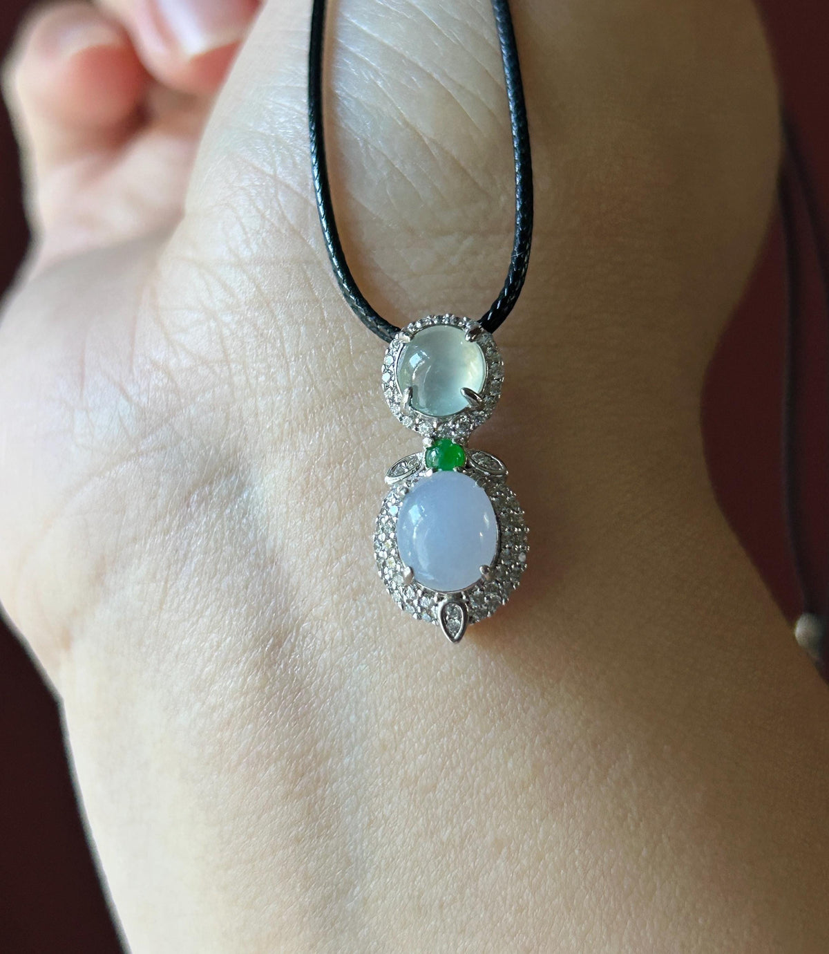 Certified Natural Jadeite Three-Cabochon Pendant, Burmese Type A Highly Translucent Icy White, Green & Lilac Lavender Jade, Sterling Silver