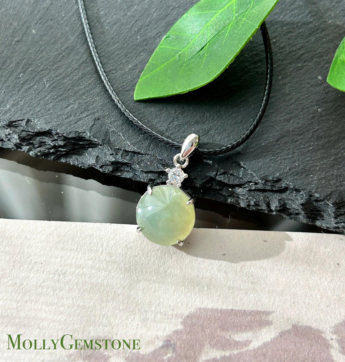 Certified Natural Jadeite Cabochon Pendant, Burmese Type A Highly Translucent Icy Gelatinous Green Tea Yellow Jade, Sterling Silver