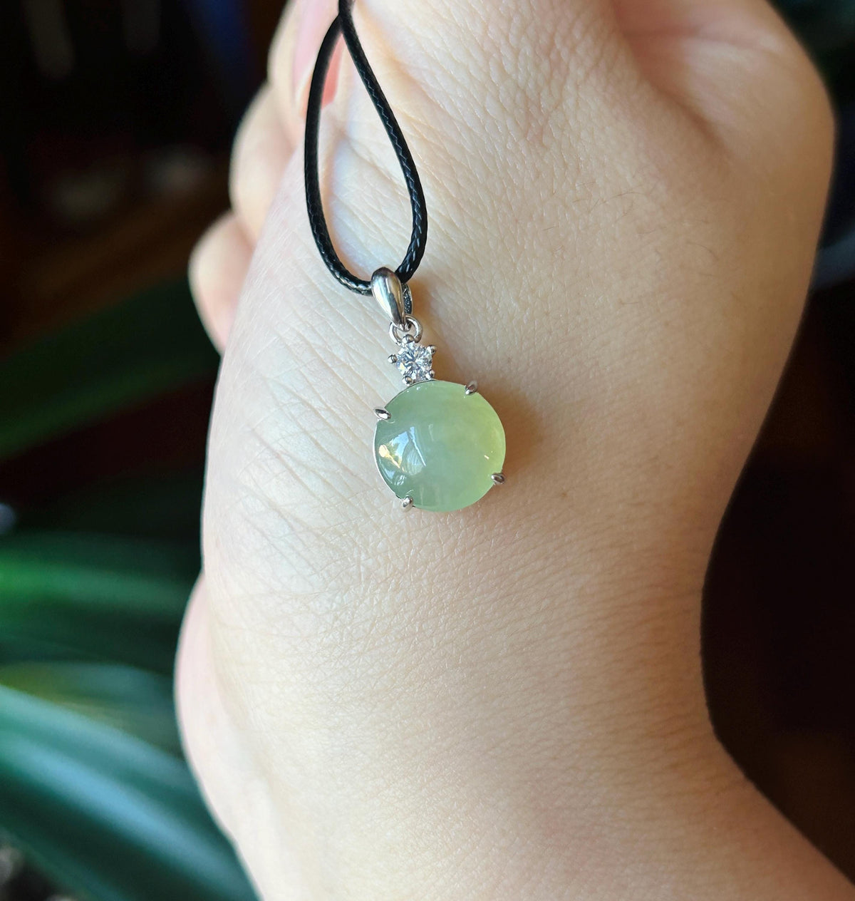 Certified Natural Jadeite Cabochon Pendant, Burmese Type A Highly Translucent Icy Gelatinous Green Tea Yellow Jade, Sterling Silver