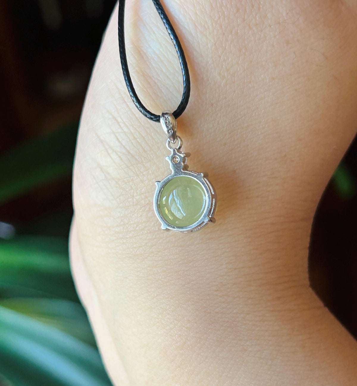 Certified Natural Jadeite Cabochon Pendant, Burmese Type A Highly Translucent Icy Gelatinous Green Tea Yellow Jade, Sterling Silver