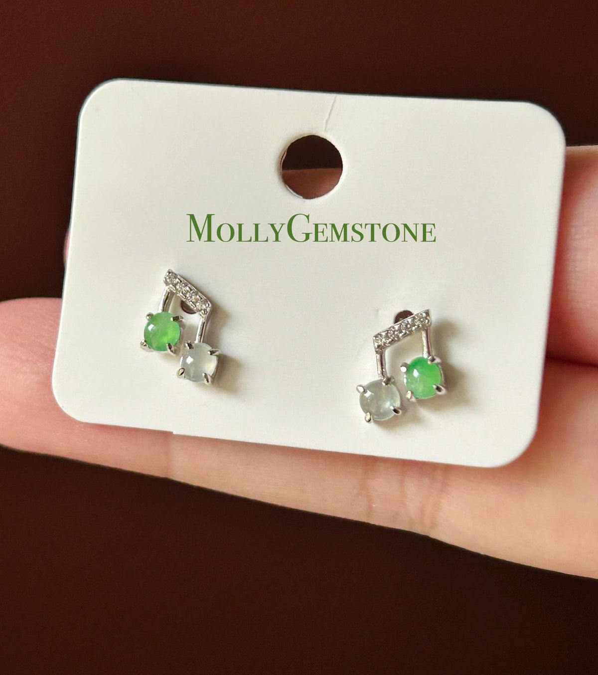 Certified Natural Jadeite Cabochon Music Note Stud Earrings | Burmese Type A Highly Translucent Icy Multicolor Jade | Sterling Silver