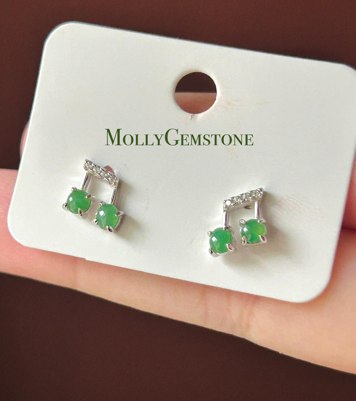 Certified Natural Jadeite Cabochon Music Note Stud Earrings | Burmese Type A Highly Translucent Icy Multicolor Jade | Sterling Silver