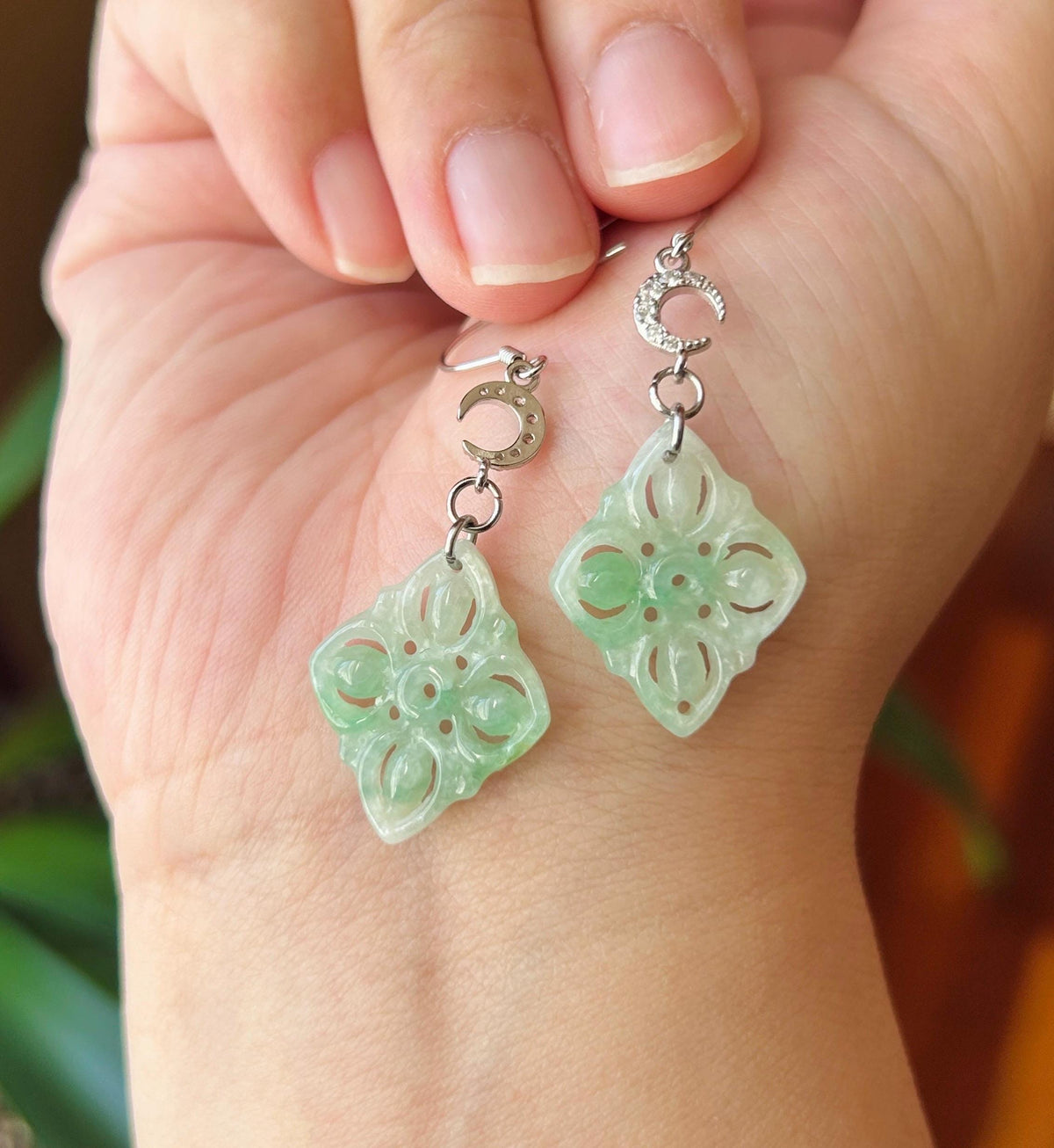 Certified Natural Jadeite Earrings, Burmese Type A Icy Apple Green Jade, Double-Sided Carved, 925 Sterling Silver