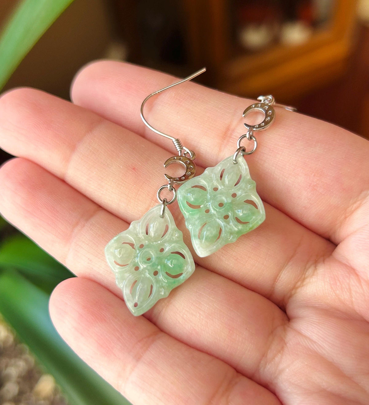 Certified Natural Jadeite Earrings, Burmese Type A Icy Apple Green Jade, Double-Sided Carved, 925 Sterling Silver