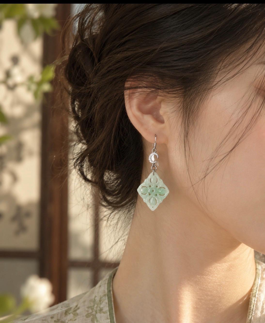 Certified Natural Jadeite Earrings, Burmese Type A Icy Apple Green Jade, Double-Sided Carved, 925 Sterling Silver