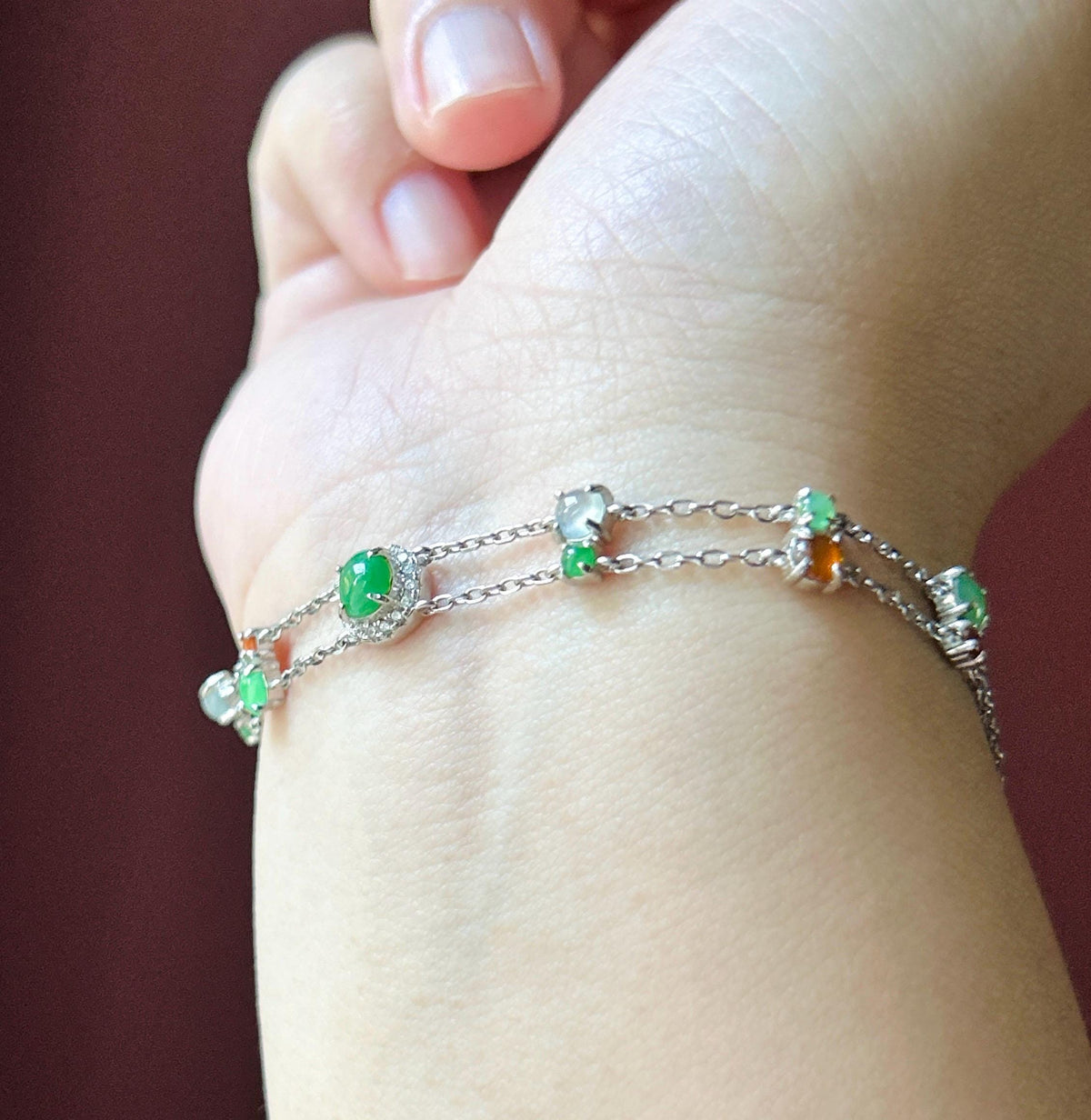 Natural Jadeite Cabochon Double Chain Bracelet, Burmese Type A Translucent Icy Multicolor Jade in 925 Sterling Silver, Adjustable Length