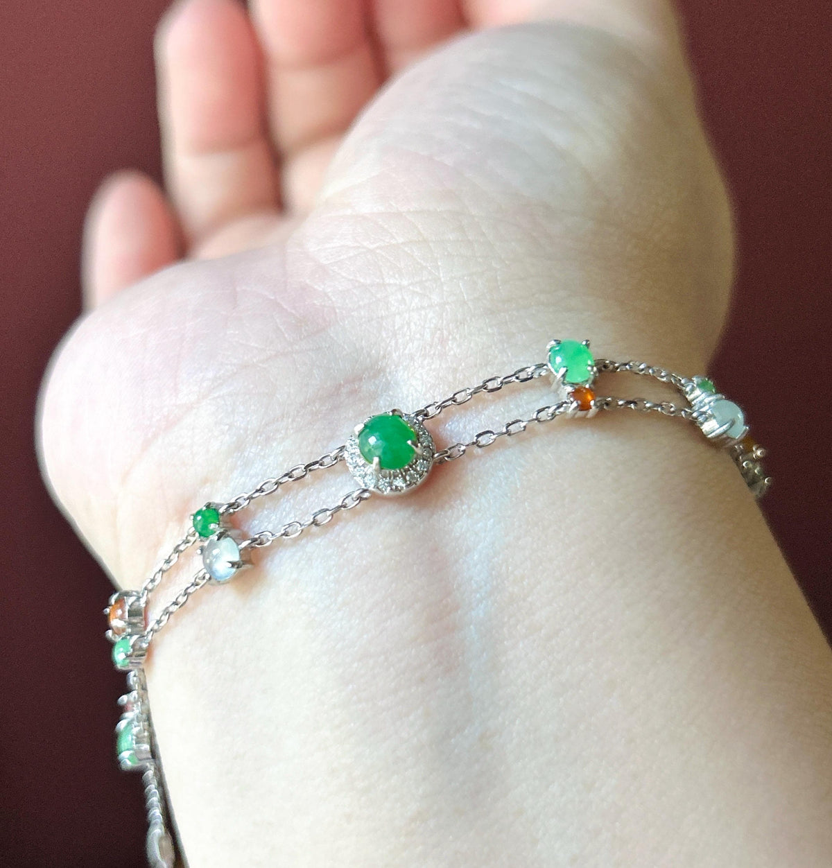 Natural Jadeite Cabochon Double Chain Bracelet, Burmese Type A Translucent Icy Multicolor Jade in 925 Sterling Silver, Adjustable Length
