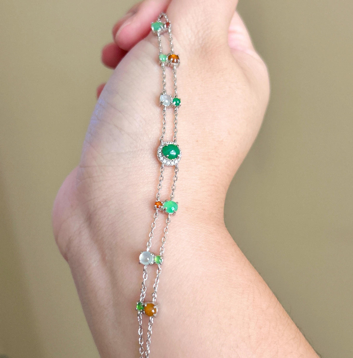 Natural Jadeite Cabochon Double Chain Bracelet, Burmese Type A Translucent Icy Multicolor Jade in 925 Sterling Silver, Adjustable Length