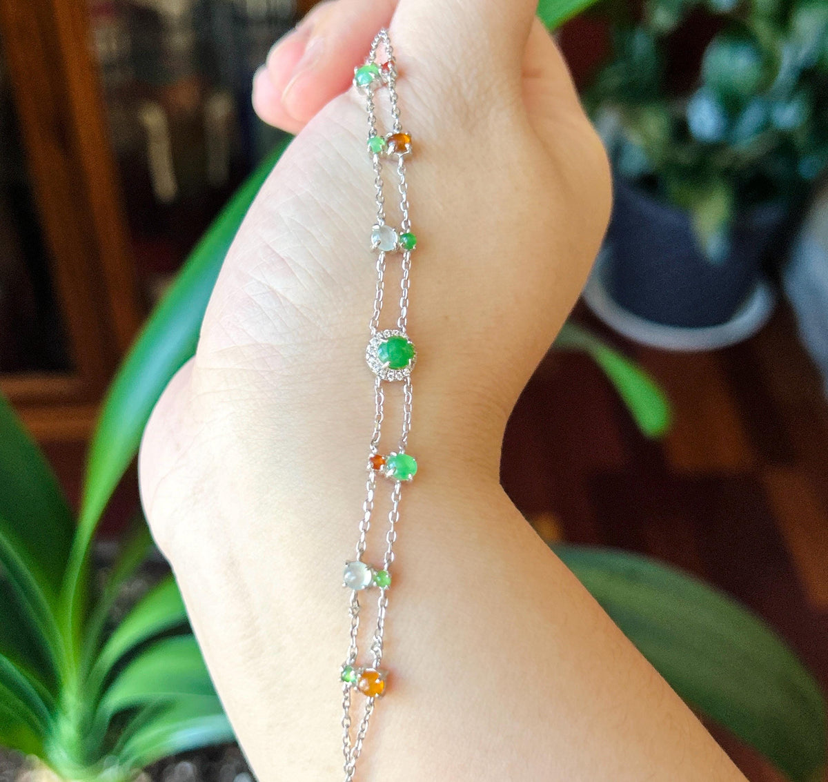 Natural Jadeite Cabochon Double Chain Bracelet, Burmese Type A Translucent Icy Multicolor Jade in 925 Sterling Silver, Adjustable Length
