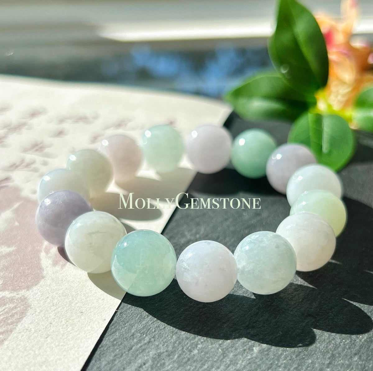 Natural Jadeite Beaded Bracelet, Burmese Type A Translucent Fine Glutinous Icy Pastel Macaron Multicolor Jade, 12.5mm