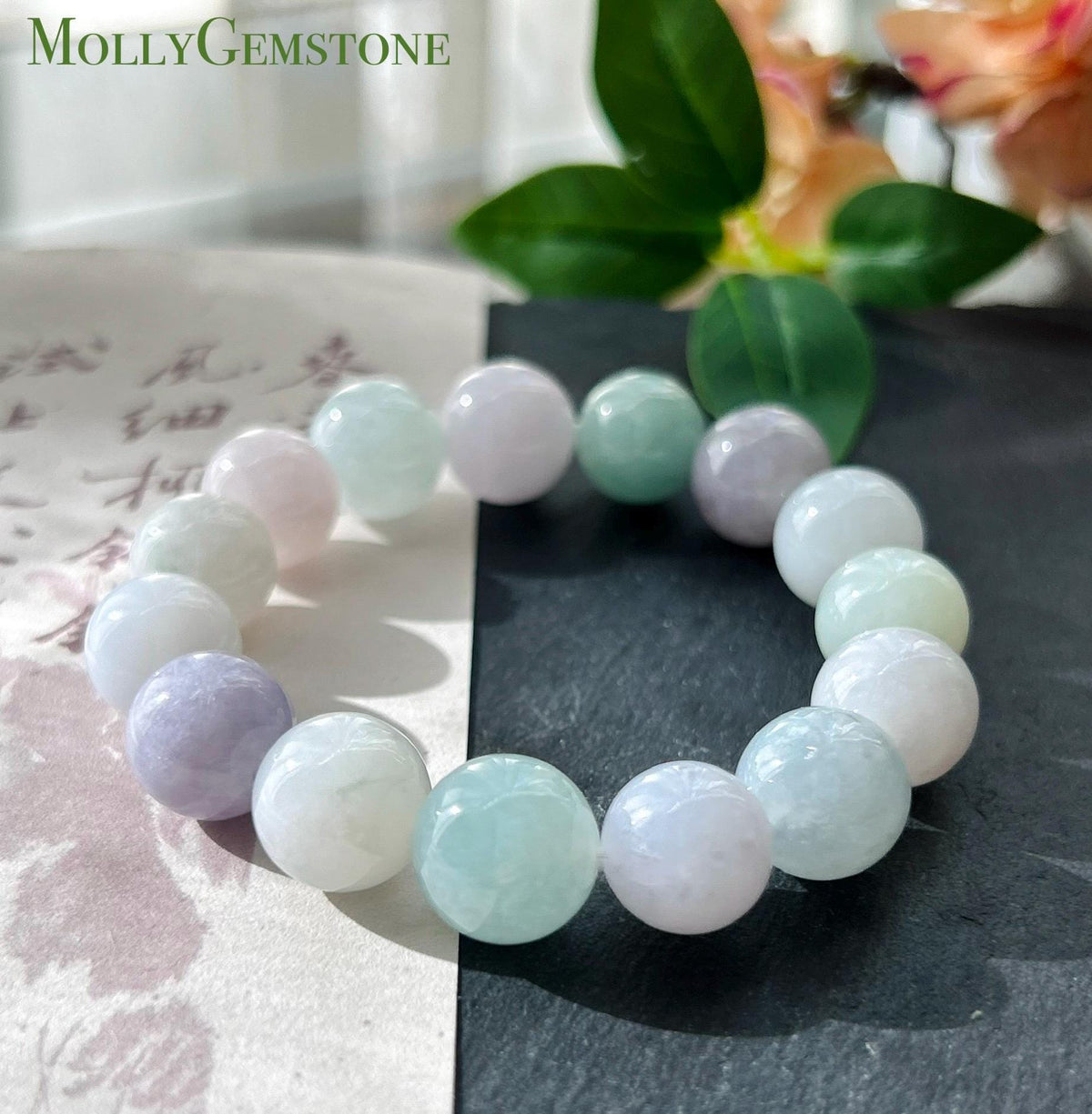Natural Jadeite Beaded Bracelet, Burmese Type A Translucent Fine Glutinous Icy Pastel Macaron Multicolor Jade, 12.5mm