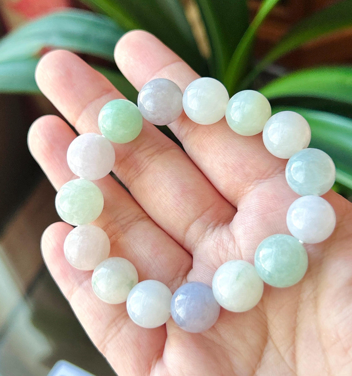 Natural Jadeite Beaded Bracelet, Burmese Type A Translucent Fine Glutinous Icy Pastel Macaron Multicolor Jade, 12.5mm