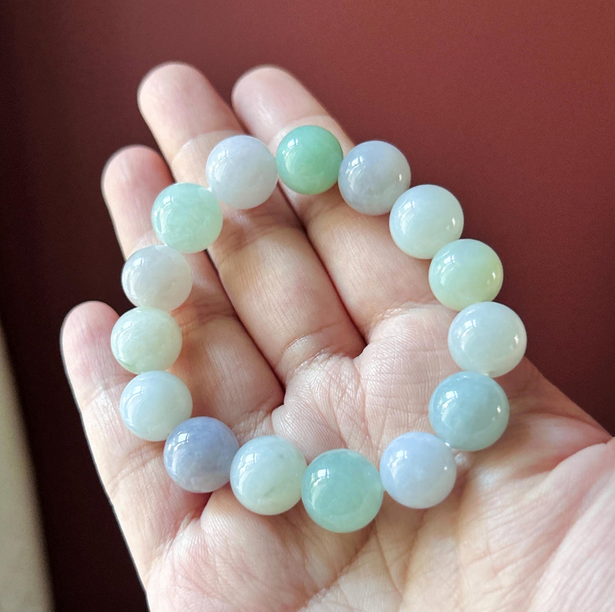 Natural Jadeite Beaded Bracelet, Burmese Type A Translucent Fine Glutinous Icy Pastel Macaron Multicolor Jade, 12.5mm