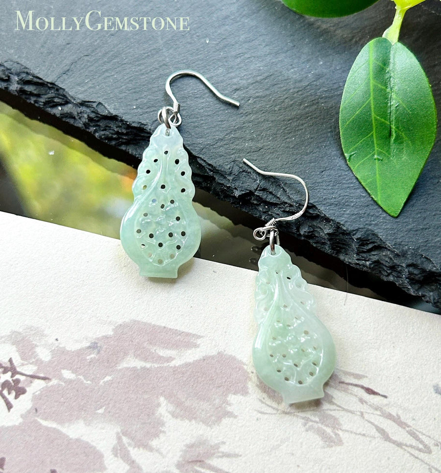 Certified Natural Jadeite Earrings, Burmese Type A Icy Pale Green Jade, Double-Sided Carved Treasure Vase, 925 Sterling Silver