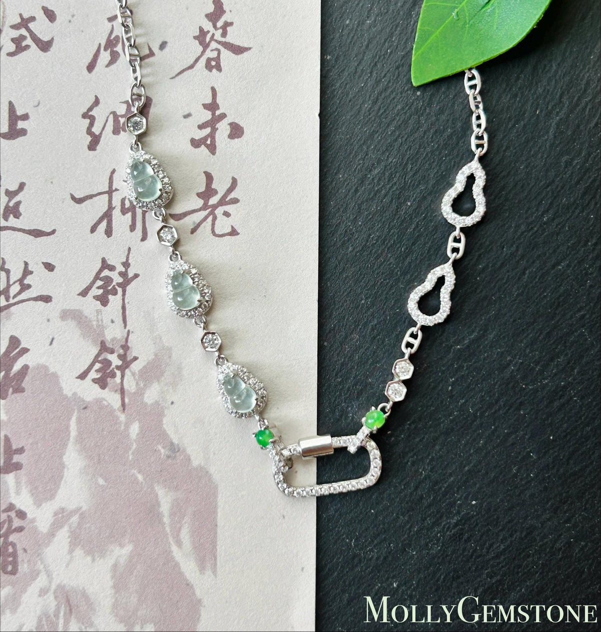Certified Natural Jadeite Convertible Necklace Chain, Burmese Type A Icy White Hulu & Vivid Green Jade Cabochons Universal Pendant Holder
