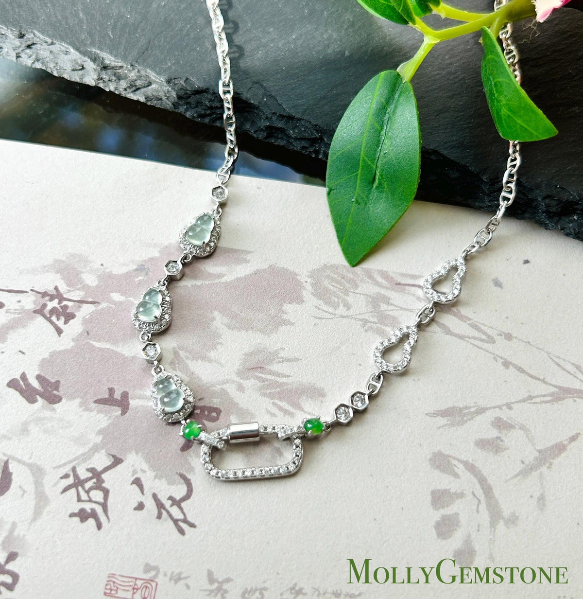 Certified Natural Jadeite Convertible Necklace Chain, Burmese Type A Icy White Hulu & Vivid Green Jade Cabochons Universal Pendant Holder
