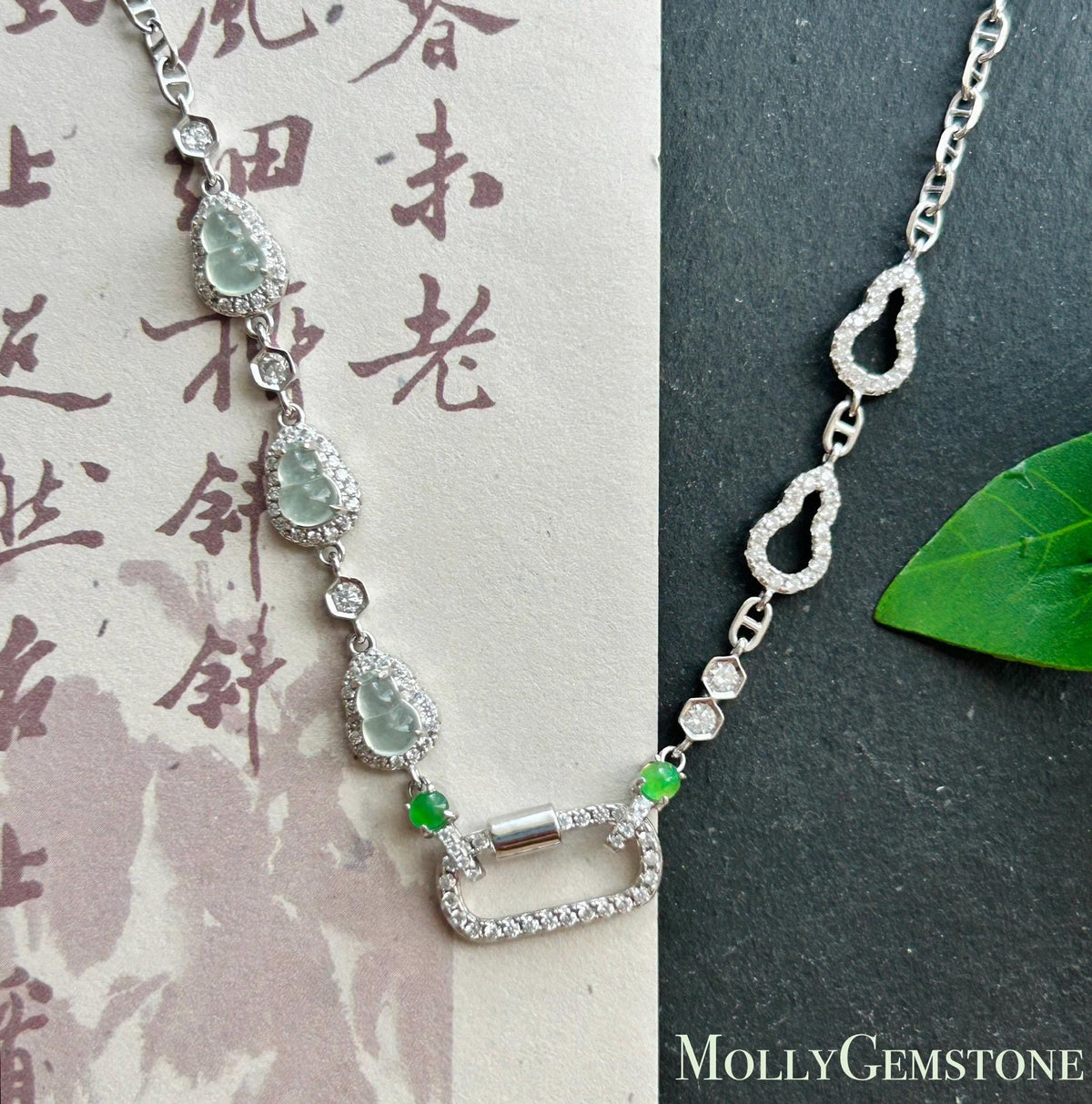 Certified Natural Jadeite Convertible Necklace Chain, Burmese Type A Icy White Hulu & Vivid Green Jade Cabochons Universal Pendant Holder