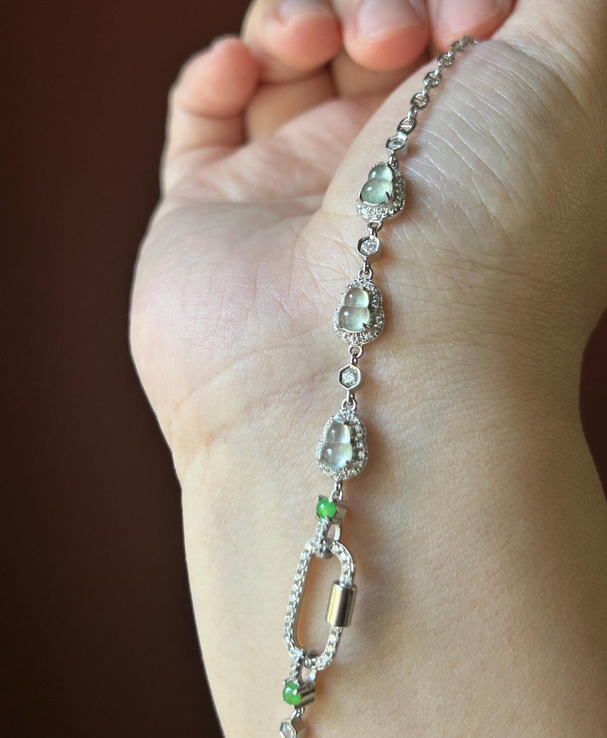 Certified Natural Jadeite Convertible Necklace Chain, Burmese Type A Icy White Hulu & Vivid Green Jade Cabochons Universal Pendant Holder