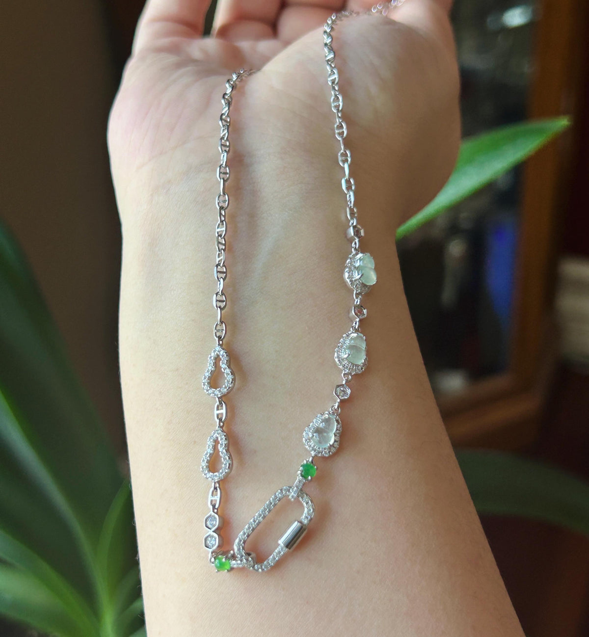 Certified Natural Jadeite Convertible Necklace Chain, Burmese Type A Icy White Hulu & Vivid Green Jade Cabochons Universal Pendant Holder