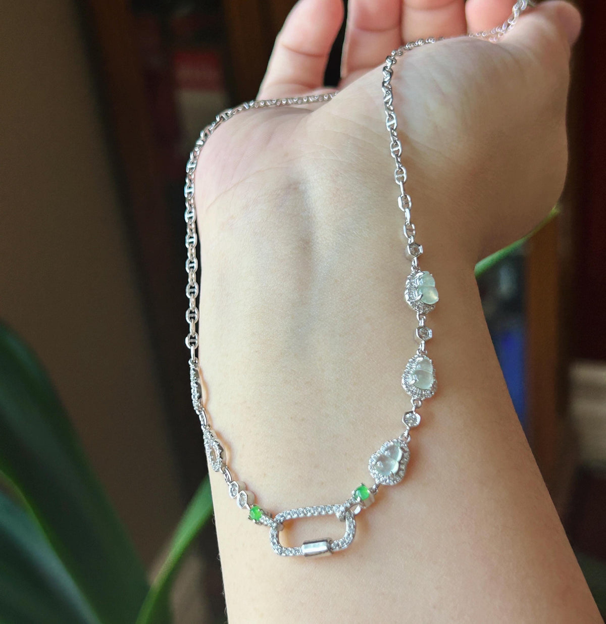 Certified Natural Jadeite Convertible Necklace Chain, Burmese Type A Icy White Hulu & Vivid Green Jade Cabochons Universal Pendant Holder