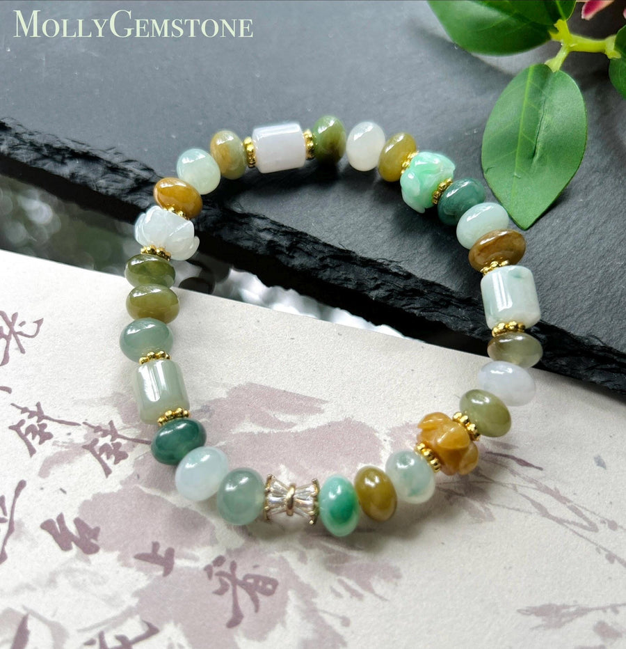 Natural Jadeite Beaded Bracelet, Burmese Type A Untreated Translucent Icy Glutinous Autumn Palette Multicolor Mixed Shape Jade Beads, 8-10mm