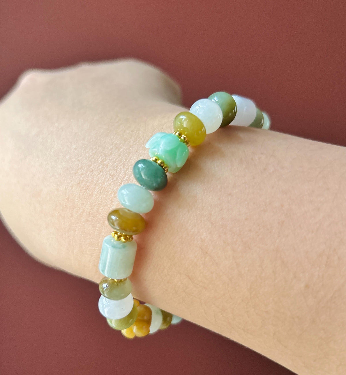 Natural Jadeite Beaded Bracelet, Burmese Type A Untreated Translucent Icy Glutinous Autumn Palette Multicolor Mixed Shape Jade Beads, 8-10mm